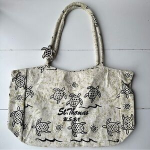 St. Thomas Canvas Tote Bag Sea Turtle Print Beach Bag Souvenir Cream Black